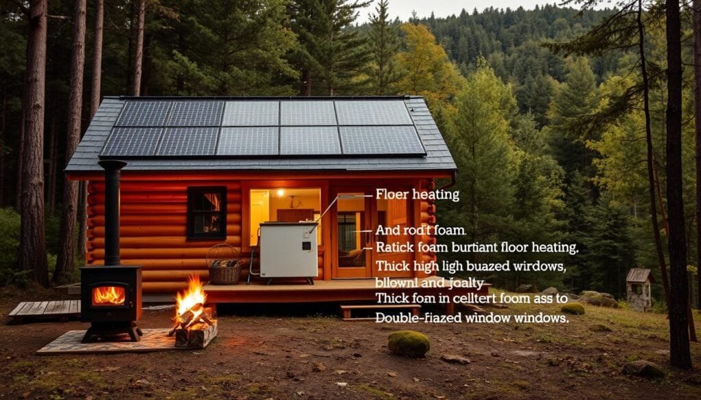 A cozy off-grid cabin nestled in the woods, with solar panels on the roof and a well-insulated exterior. In the foreground, an array of efficient heating options - a wood-burning stove, a heat pump, and radiant floor heating. The middle ground showcases thick, high-quality insulation materials like rigid foam, blown-in cellulose, and double-glazed windows, all working in harmony to maintain a comfortable indoor temperature. The background features a lush, verdant landscape, with the cabin seamlessly blending into its natural surroundings. Soft, warm lighting illuminates the scene, creating a inviting and sustainable living environment.