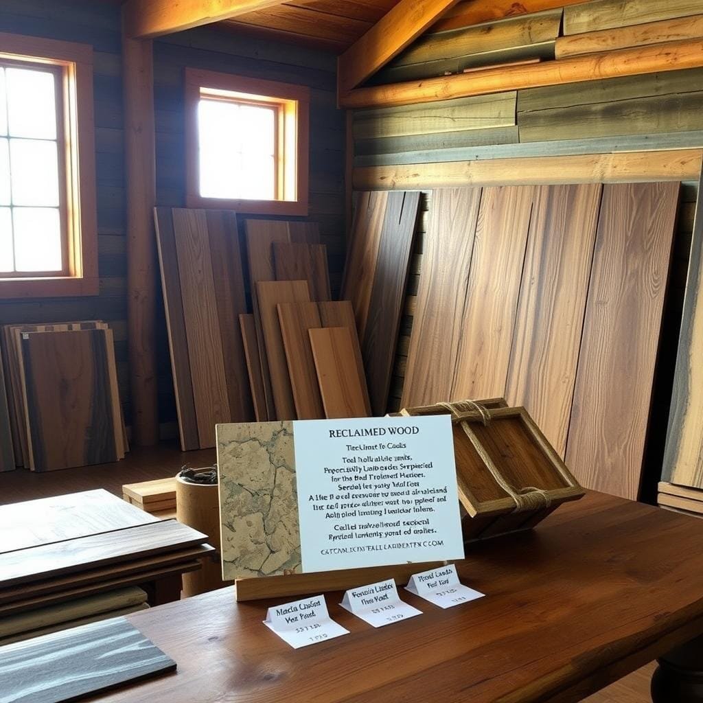A cozy rustic cabin interior, with reclaimed wood panels lining the walls. The foreground features an arrangement of various reclaimed wood samples, each showcasing its unique texture, grain, and color variations. In the middle ground, a wooden table displays price tags and information about sourcing options for the reclaimed wood, such as local salvage yards, specialty lumber suppliers, and online marketplaces. The background depicts a warm, softly lit environment, with natural light filtering through large windows, casting a gentle glow over the scene. The overall atmosphere conveys a sense of authenticity, craftsmanship, and the timeless appeal of reclaimed materials.