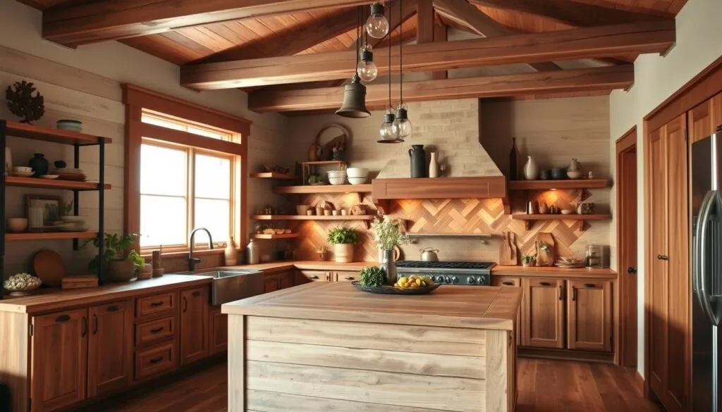 A cozy, rustic kitchen design with warm, natural lighting flooding through large windows, showcasing a central island crafted from reclaimed wood planks with a weathered, distressed finish. Surrounding the island, stylish wooden cabinets and open shelving display an eclectic mix of pottery, plants, and vintage-inspired decor. The backsplash features a herringbone pattern of reclaimed wood tiles, complementing the raw, textured beams that span the ceiling. Soft, earthy tones and natural textures create a harmonious, inviting atmosphere, embodying the charm of a cabin-inspired kitchen.