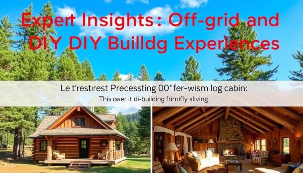A cozy, rustic log cabin nestled in a lush, forested landscape. The cabin's exterior features hand-hewn logs and a charming porch, with a backdrop of towering pine trees and a clear blue sky. Inside, the cabin showcases the DIY builder's attention to detail, with exposed timber beams, a warm fireplace, and a homey, inviting atmosphere. Sunlight streams through the windows, casting a warm glow on the handcrafted furniture and décor. The scene conveys the tranquility and self-reliance of off-grid living, capturing the essence of the "Expert Insights: Off Grid and DIY Cabin Building Experiences" section.