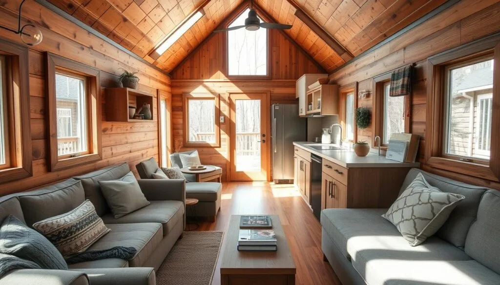 A cozy, well-designed off-grid cabin interior with a flexible, efficient layout. The space features warm, natural lighting from large windows, illuminating an open floor plan with a central living area. Modular furniture, built-in storage, and multifunctional pieces create a clutter-free, adaptable space. Rustic wood accents, earthy tones, and tactile textures evoke a serene, cabin-like atmosphere. The kitchen seamlessly integrates with the living space, maximizing the compact footprint. Clean lines, minimalist decor, and carefully curated furnishings showcase a smart, refined aesthetic suited for comfortable off-grid living.
