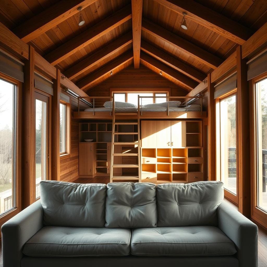 A cozy, well-lit cabin loft with an open, airy design. Warm wooden beams and paneling create a rustic yet modern ambiance. A plush, inviting sofa sits in the foreground, perfect for relaxing and taking in the serene, natural views outside the large windows. In the middle ground, a floating staircase leads up to a lofted sleeping area, filled with natural light and minimalist furnishings. The background showcases a wall of built-in shelves and storage, maximizing the available space. Soft, diffused lighting illuminates the scene, casting a peaceful, contemplative atmosphere.