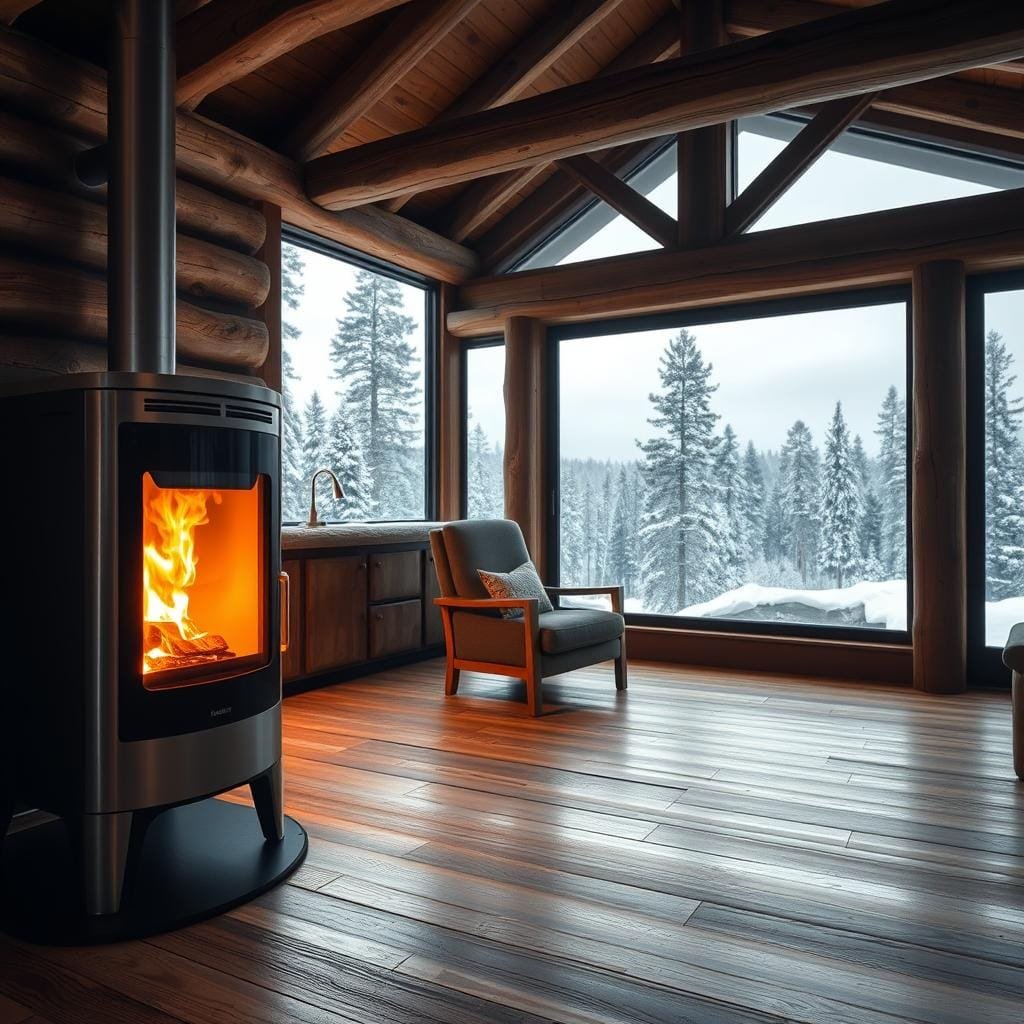 A cozy, well-lit interior of an eco-friendly pellet stove heating a rustic cabin. In the foreground, the stove's sleek, brushed-metal frame and glass window showcase the warm, dancing flames. Surrounding the stove, wooden floors and exposed ceiling beams create a natural, inviting atmosphere. Soft, ambient lighting from the stove illuminates the space, casting a gentle, golden glow. In the middle ground, a comfortable armchair sits beside a large window, offering a scenic view of a snow-covered forest landscape. The background is filled with a serene, winter wonderland, with tall pine trees and a dusting of fresh snow, conveying a sense of tranquility and environmental harmony. A cozy, well-lit interior of an eco-friendly pellet stove heating a rustic cabin. In the foreground, the stove's sleek, brushed-metal frame and glass window showcase the warm, dancing flames. Surrounding the stove, wooden floors and exposed ceiling beams create a natural, inviting atmosphere. Soft, ambient lighting from the stove illuminates the space, casting a gentle, golden glow. In the middle ground, a comfortable armchair sits beside a large window, offering a scenic view of a snow-covered forest landscape. The background is filled with a serene, winter wonderland, with tall pine trees and a dusting of fresh snow, conveying a sense of tranquility and environmental harmony.