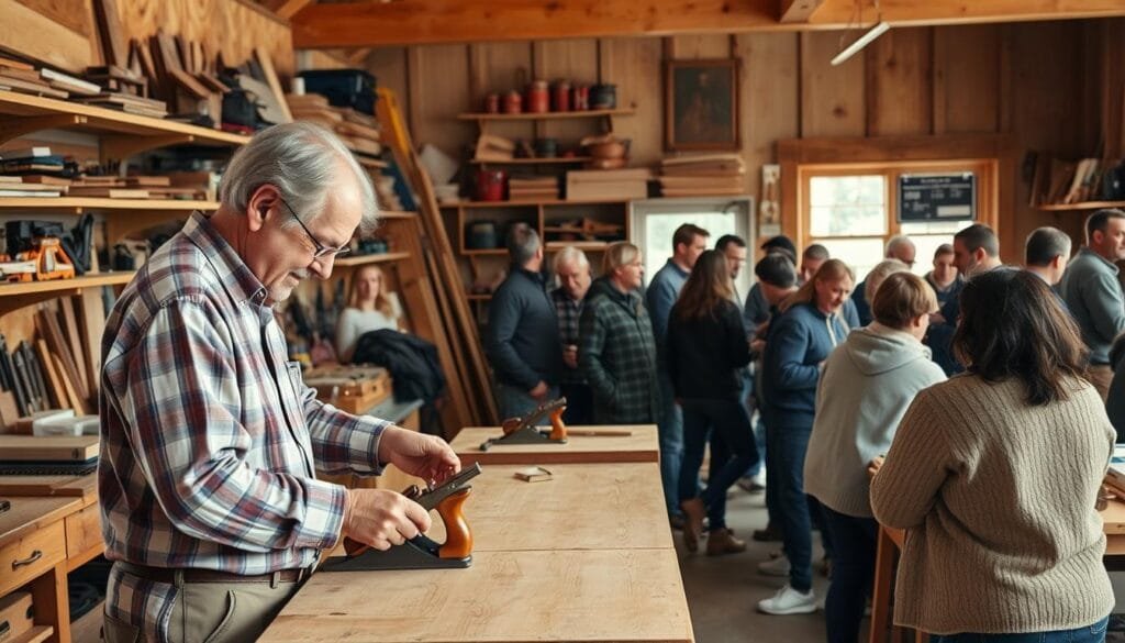 A cozy, well-lit workshop filled with DIY enthusiasts gathered around a central workbench, exchanging knowledge and techniques. In the foreground, a skilled carpenter demonstrates the use of a hand plane, their experienced hands guiding the wood with precision. Behind them, shelves line the walls, stocked with an array of tools, materials, and project ideas. The room is bathed in a warm, natural light, casting a soft glow on the scene and creating an atmosphere of camaraderie and creative exploration. In the background, small groups huddle over their own projects, engaged in lively discussions, sharing insights and offering advice. This is the expert insights DIY community, a space where knowledge and passion converge to bring life to ambitious cabin-building dreams.