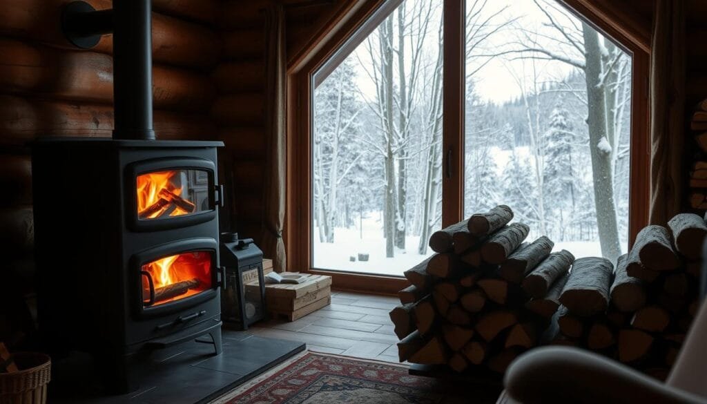 A cozy wood-burning stove set in a rustic cabin interior, with a warm glow from the fire casting a soft light across the room. In the foreground, a person carefully tends to the fire, stoking the flames and adding fresh logs. The middle ground shows a well-stocked woodpile, neatly stacked and ready for use. The background features a large window, framing a winter landscape outside, with snow-covered trees and a tranquil, serene atmosphere. The overall scene conveys the convenience and ease of maintaining a wood-burning heating system, showcasing the simple pleasures of tending to a crackling fire.
