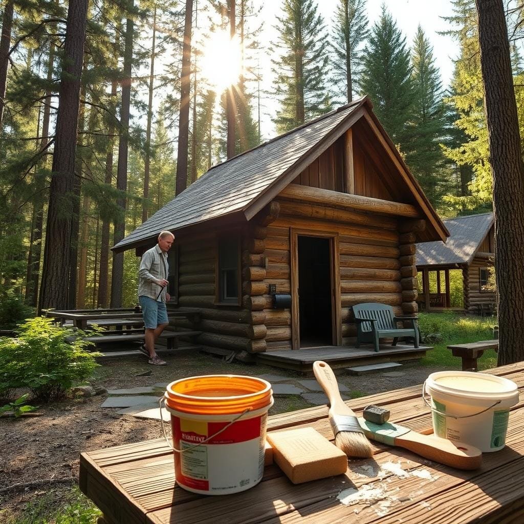 A cozy wooden cabin nestled in a lush forest, with a weathered exterior begging for attention. In the foreground, a person diligently scrubbing the cabin's walls, removing years of accumulated grime. The middle ground showcases a bucket of staining solution, brushes, and sandpaper, ready to revitalize the aged wood. Sunlight filters through the canopy, casting a warm, golden glow over the scene, highlighting the textural details of the timber. The background is a serene landscape of towering evergreens, their verdant hues complementing the rustic cabin. This image conveys the importance of regular maintenance, preserving the cabin's charm and protecting it from the elements.