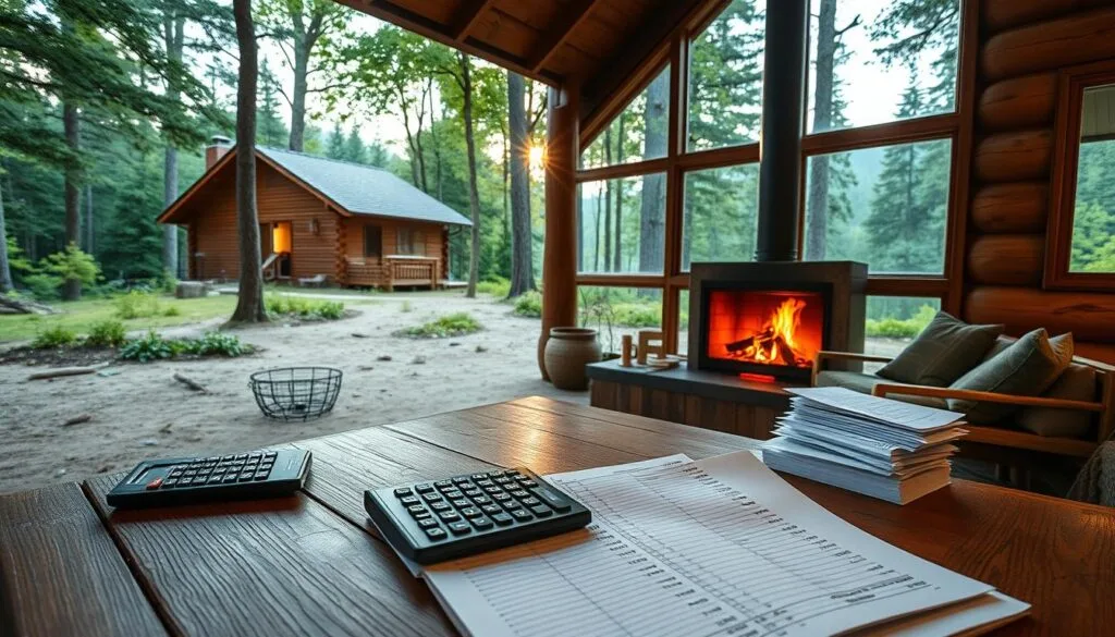 A cozy wooden cabin nestled in a serene forest clearing, sunlight filtering through the canopy of lush greenery. On a wooden table in the foreground, an open ledger, a calculator, and stacks of receipts, meticulously organized as a diligent cabin owner plans their budget. The warm glow of a crackling fireplace in the background casts a comforting ambiance, while a large window offers a panoramic view of the picturesque wilderness beyond. The overall scene conveys a sense of thoughtful financial management in harmony with the peaceful, rustic setting. A cozy wooden cabin nestled in a serene forest clearing, sunlight filtering through the canopy of lush greenery. On a wooden table in the foreground, an open ledger, a calculator, and stacks of receipts, meticulously organized as a diligent cabin owner plans their budget. The warm glow of a crackling fireplace in the background casts a comforting ambiance, while a large window offers a panoramic view of the picturesque wilderness beyond. The overall scene conveys a sense of thoughtful financial management in harmony with the peaceful, rustic setting.