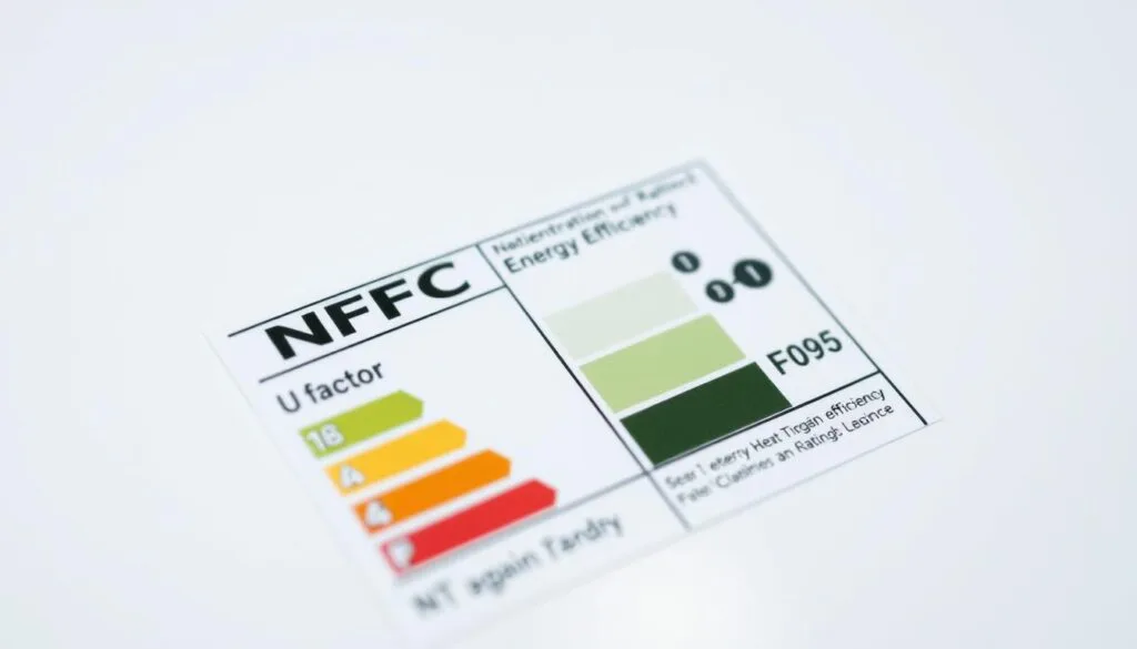 A crisp, close-up photograph of an NFRC (National Fenestration Rating Council) energy efficiency label for a window. The label prominently displays the U-factor and SHGC (Solar Heat Gain Coefficient) metrics, rendered in clear, legible text and icons. The label is placed against a clean, neutral background, with soft, directional lighting highlighting the details. The image conveys a sense of technical precision and informative clarity, suitable for an article on energy-efficient windows for cabins.