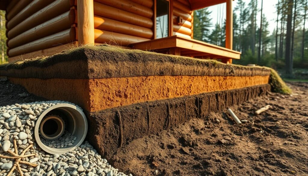 A cross-sectional view of a cabin's water table drainage system, showcasing its intricate underground network. The foreground highlights the gravel-lined drainage pipe, efficiently channeling excess groundwater away from the foundation. The middle ground depicts the soil layers, with varying textures and hues, emphasizing the importance of proper soil composition. In the background, the cabin's sturdy foundation stands tall, anchored by a robust support system. The scene is illuminated by warm, natural lighting, conveying a sense of stability and well-engineered design. Captured with a wide-angle lens, this image underscores the crucial role of water table drainage in maintaining a cabin's foundation integrity.