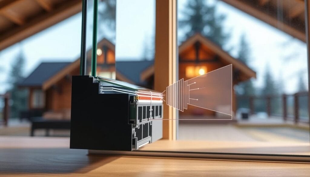 A cross-sectional view of a high-performance window showcasing low-emissivity (Low-E) coating technology. In the foreground, the intricate layers of the window pane are depicted, with the Low-E coating visible as a thin, reflective film. The middle ground features a schematic diagram highlighting the function of the Low-E coating, reflecting infrared radiation to improve insulation. In the background, a cabin or residential setting is depicted, emphasizing the application of this energy-efficient window technology. The scene is lit with a soft, natural lighting, creating a warm and inviting atmosphere. The angle and composition highlight the technical details of the Low-E coating while contextualizing its real-world usage.