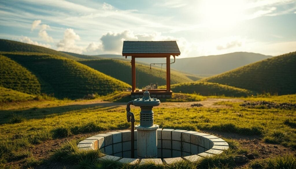A deep well system situated in a serene, rural landscape. In the foreground, a sturdy well pump and associated plumbing emerge from a neatly tiled well casing. The middle ground features a wooden well house with a shingled roof, casting gentle shadows across the scene. In the background, rolling hills covered in lush, verdant vegetation create a tranquil backdrop. The lighting is soft and natural, with a warm, golden glow filtering through wispy clouds. The overall composition conveys a sense of reliability, sustainability, and harmony between human ingenuity and the natural world.