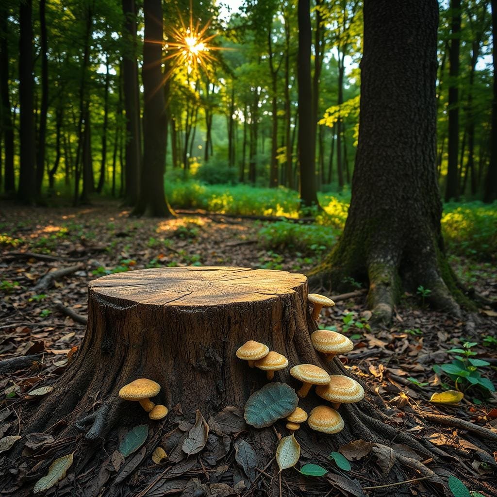 A densely wooded forest clearing, with a large tree stump prominently in the foreground. Sunlight filters through the canopy, casting a warm glow on the scene. In the middle ground, decomposing leaves and organic matter surround the stump, while mushrooms and other fungi have started to colonize the decaying wood. The background features more trees and lush undergrowth, suggesting a natural and untouched environment. The composition emphasizes the gradual process of decomposition, highlighting the stump's transformation from a solid structure to a nutrient-rich substrate for new growth. The image conveys a sense of the cycle of life and the effective, natural methods for removing tree stumps.