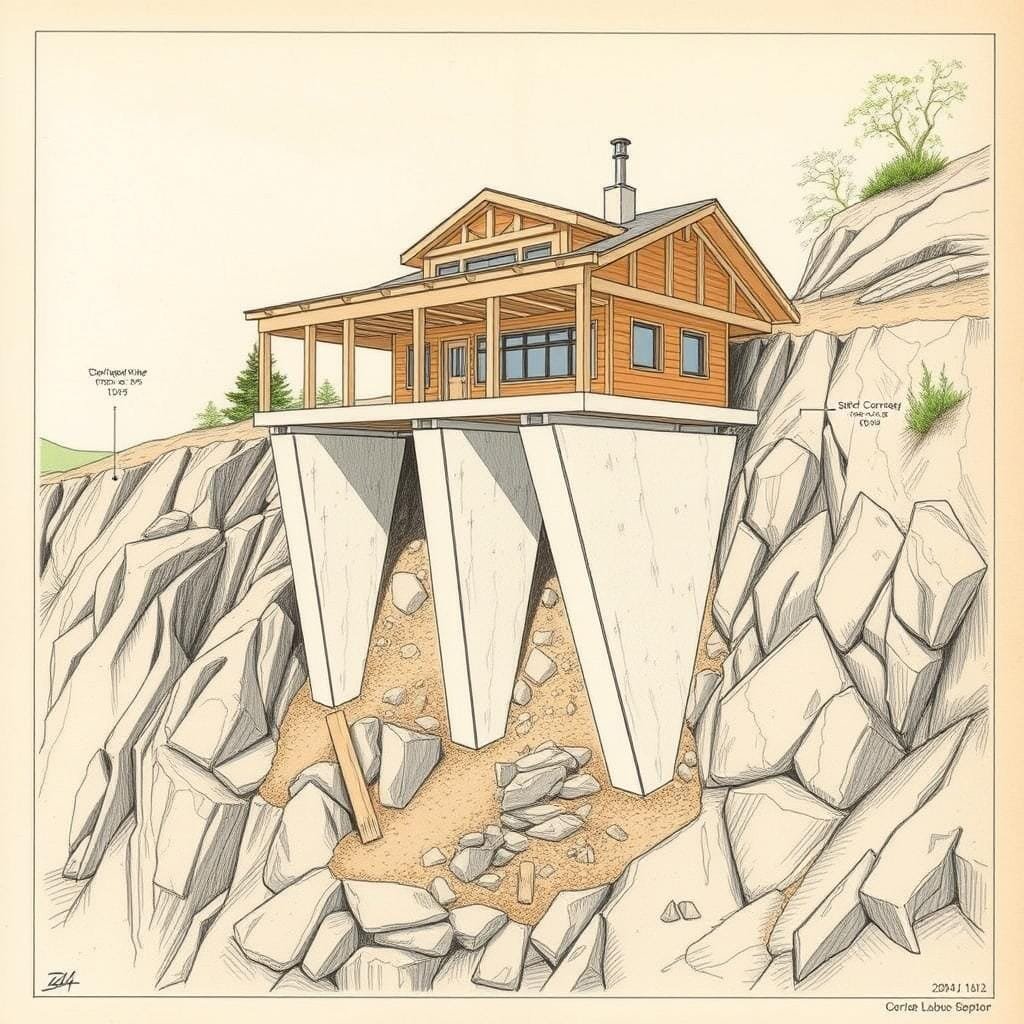A detailed architectural blueprint of a sturdy cantilever foundation system designed to support a cabin on a steep, rocky hillside. The foundation features a series of angled, reinforced concrete piers anchored deeply into the ground, providing robust structural support against the challenging slope. The piers extend up to create a level platform for the cabin's main floor, with a network of steel beams and joists providing additional reinforcement. The overall design conveys a sense of strength, stability, and engineering excellence, perfectly suited for the article's subject of building on challenging terrain.