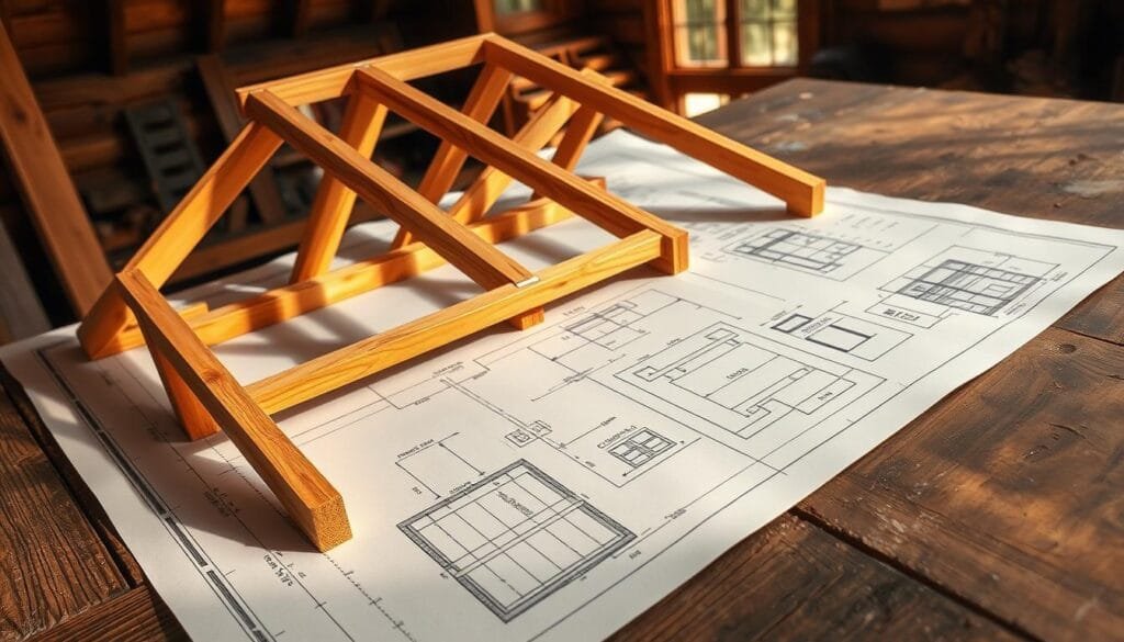 A detailed blueprint of a rustic cabin roof framing plan, meticulously laid out on a weathered workbench. Precisely sketched timber beams, trusses, and angled supports in the foreground, casting warm shadows across the worn wooden surface. In the middle ground, technical diagrams and measurements annotate the structural design, guiding the construction process. The background features a cozy cabin interior, hinting at the final destination of this carefully crafted roof framework. Soft, directional lighting illuminates the scene, creating a sense of focus and purpose, as if this guide is the key to realizing a dream home in the wilderness.