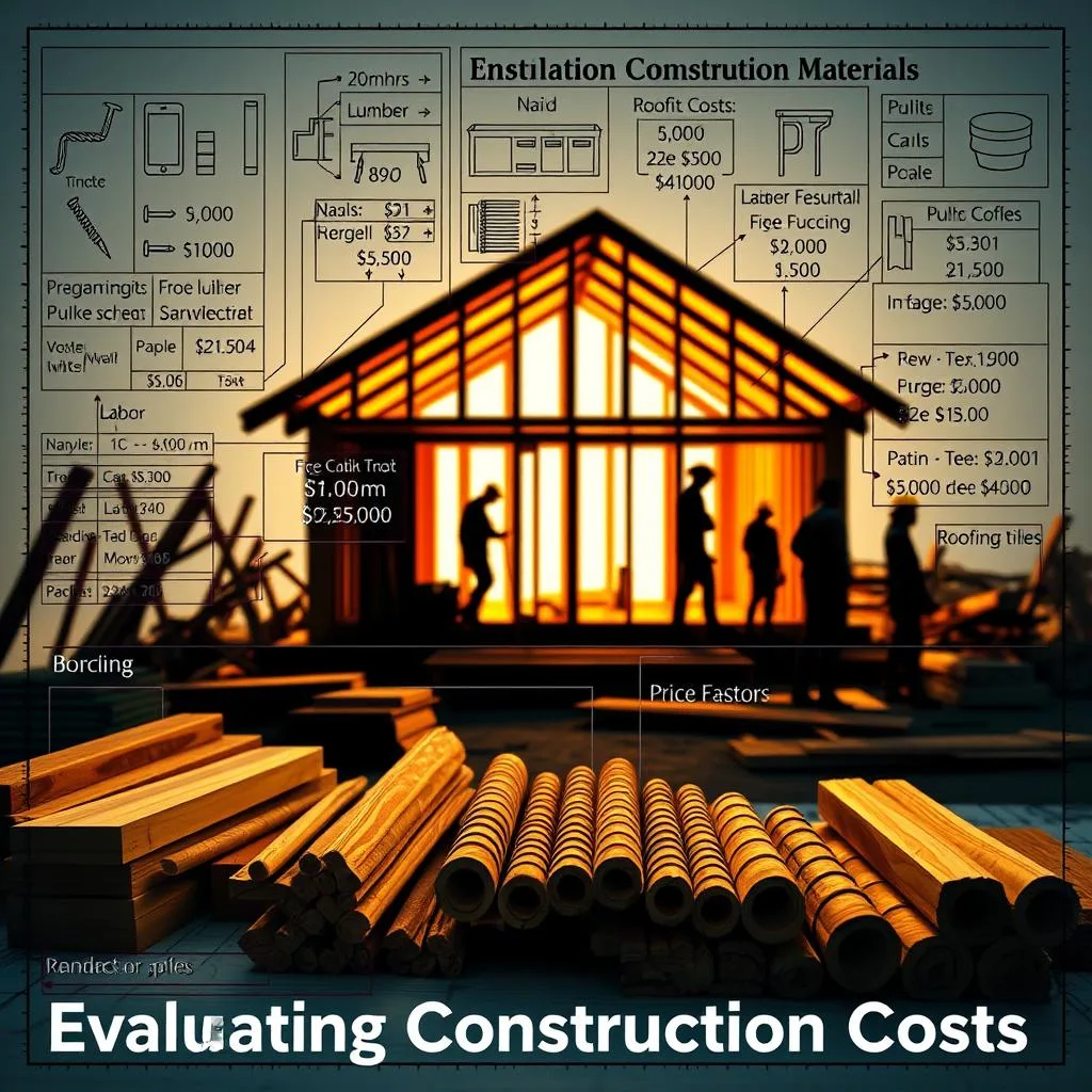 A detailed blueprint schematic featuring a comprehensive breakdown of construction materials, labor costs, and pricing factors against a backdrop of a partially framed cabin structure. The foreground showcases an assortment of building materials such as lumber, nails, insulation, and roofing tiles, with technical specifications and pricing annotations. In the middle ground, construction workers are engaged in various stages of the build, their silhouettes conveying the human effort required. The background depicts the cabin's frame, with a warm, golden lighting illuminating the scene, creating a sense of progress and project completion. The overall atmosphere exudes a pragmatic, informative tone suitable for illustrating the "Evaluating Construction Costs" section of the article.