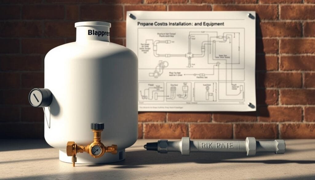 A detailed breakdown of the propane heating installation costs and equipment, featuring a meticulously rendered diagram with a clean, technical aesthetic. The foreground showcases the core components - the propane tank, regulator, and connectors - arranged in a precise, engineered layout. The middle ground depicts the installation process, with step-by-step visualizations of the pipe routing and connections. The background presents a minimalist, blueprint-style schematic, highlighting the overall system design and dimensions. Warm, directional lighting casts subtle shadows, enhancing the sense of depth and materiality. The composition is balanced, with a focus on clarity and informative value to support the "Upfront Costs: Installation and Equipment" section of the article.