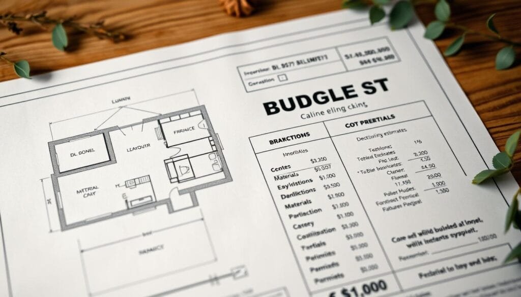 A detailed cabin blueprint with a focus on budget planning. The foreground features an architectural schematic showcasing the layout, dimensions, and key structural elements. The middle ground depicts a financial breakdown with cost estimates for materials, labor, and permits. The background subtly incorporates natural elements like wood textures and subtle foliage to convey a rustic, outdoor ambiance. The lighting is soft, with a warm tone to evoke a cozy, inviting atmosphere. The overall composition strikes a balance between technical precision and a touch of natural, homely charm.