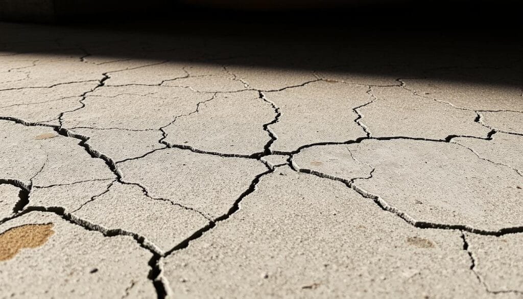 A detailed close-up view of a cracked concrete slab, showcasing the intricate web of fractures and fissures. The surface is weathered and discolored, with visible signs of aging and neglect. In the foreground, the cracks are prominent, casting dramatic shadows and revealing the underlying substrate. In the middle ground, a semi-transparent epoxy sealant is being applied, smoothing over the imperfections and restoring the structural integrity of the slab. The lighting is soft and diffused, emphasizing the textural details of the concrete. The overall tone is one of practical problem-solving, conveying the importance of proper concrete maintenance and repair to prevent foundation issues in a cabin setting.