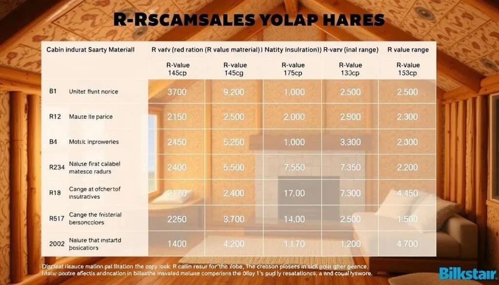 A detailed comparison chart showcasing the R-value ranges of various cabin insulation materials. The chart is presented in a clean, infographic style with a neutral color palette. The background depicts a cozy cabin interior, with soft lighting and a warm, inviting atmosphere. The materials are arranged in a grid layout, each with a concise label and numerical R-value range. The overall design is minimalist, allowing the technical information to take center stage, yet visually appealing to complement the article's educational focus on understanding insulation performance.