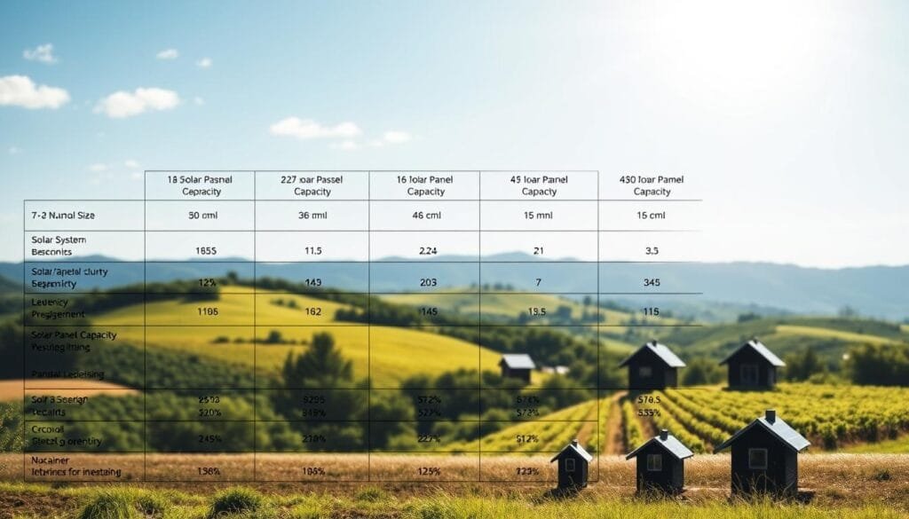 A detailed comparison chart showcasing the optimal solar system sizes for various cabin applications. The foreground features a clean, minimalist layout with neatly organized data columns and rows, highlighting key metrics such as cabin size, power requirements, and recommended solar panel capacity. The middle ground depicts several cabin silhouettes of varying scales to provide visual context. The background portrays a serene, nature-inspired landscape with rolling hills, lush greenery, and a clear, sun-dappled sky, evoking a sense of off-grid living and sustainability. The lighting is soft and natural, with subtle shadows and highlights to enhance the three-dimensional depth and tactile quality of the scene. The overall mood is informative, practical, and environmentally conscious.