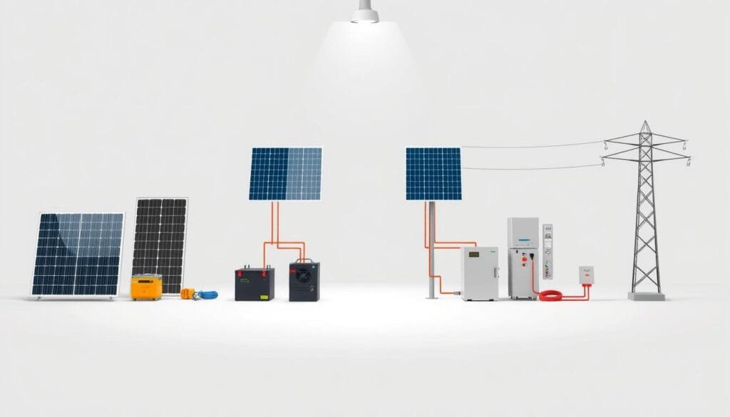 A detailed comparison of an off-grid solar energy system and an on-grid solar energy system, showcased in a clean, technical illustration. The foreground depicts the key system components - solar panels, batteries, inverters, and grid connections - rendered with precision and attention to detail. The middle ground provides a clear visual contrast between the two systems, highlighting their distinct architectures and capabilities. The background features a neutral, minimalist environment that allows the technical details to take center stage, conveying a sense of professionalism and practicality. Crisp lighting from an overhead source accentuates the forms and textures, while a slightly low camera angle gives the viewer a sense of authority and understanding over the subject matter.