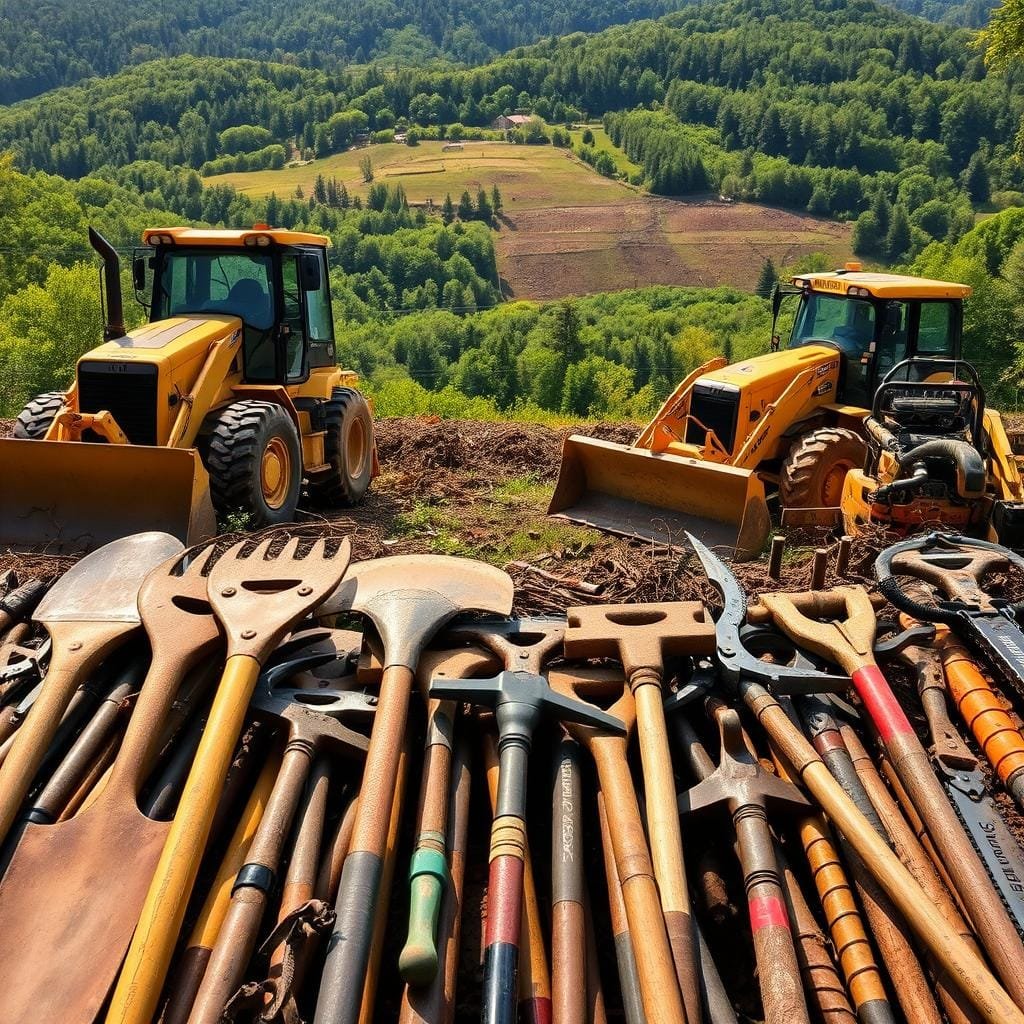 A detailed comparison of hand tools and machines used for land clearing, showcasing their respective strengths and applications. In the foreground, an array of hand tools such as shovels, pickaxes, and pruning saws are neatly arranged, their rugged construction and precise control evident. In the middle ground, powerful machinery like bulldozers, chainsaws, and brush cutters dominate the scene, their mechanical might and efficiency on full display. The background depicts a lush, verdant landscape, hinting at the vast expanse of land that can be transformed with the proper equipment. Warm, natural lighting illuminates the scene, emphasizing the contrast between the human-scaled hand tools and the imposing, industrial-grade machines. The overall atmosphere conveys the balance between manual labor and technological advancement in the context of land clearing for a cabin project. Prompt