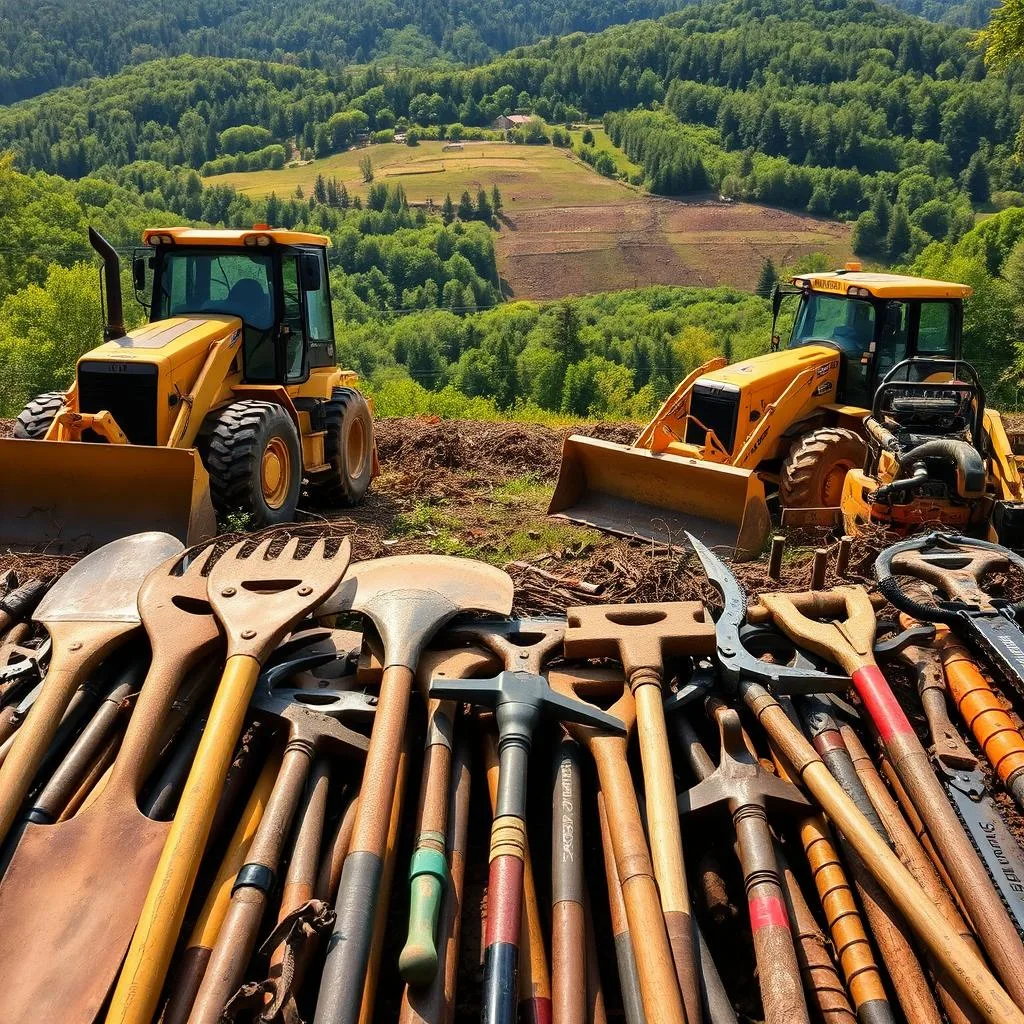 A detailed comparison of hand tools and machines used for land clearing, showcasing their respective strengths and applications. In the foreground, an array of hand tools such as shovels, pickaxes, and pruning saws are neatly arranged, their rugged construction and precise control evident. In the middle ground, powerful machinery like bulldozers, chainsaws, and brush cutters dominate the scene, their mechanical might and efficiency on full display. The background depicts a lush, verdant landscape, hinting at the vast expanse of land that can be transformed with the proper equipment. Warm, natural lighting illuminates the scene, emphasizing the contrast between the human-scaled hand tools and the imposing, industrial-grade machines. The overall atmosphere conveys the balance between manual labor and technological advancement in the context of land clearing for a cabin project. Prompt