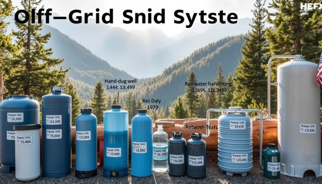 A detailed comparison of off-grid water system costs for a rustic cabin setup. In the foreground, various water storage tanks and filtration devices are neatly arranged, their prices and capacities clearly labeled. In the middle ground, a hand-dug well and a rainwater harvesting system are depicted, showcasing the infrastructure and associated expenses. The background features a picturesque mountain landscape, with sunlight filtering through the trees, creating a warm, natural ambiance. The scene is rendered in a realistic, technical style, highlighting the practical considerations and financial implications of different off-grid water solutions for a self-sufficient cabin lifestyle.