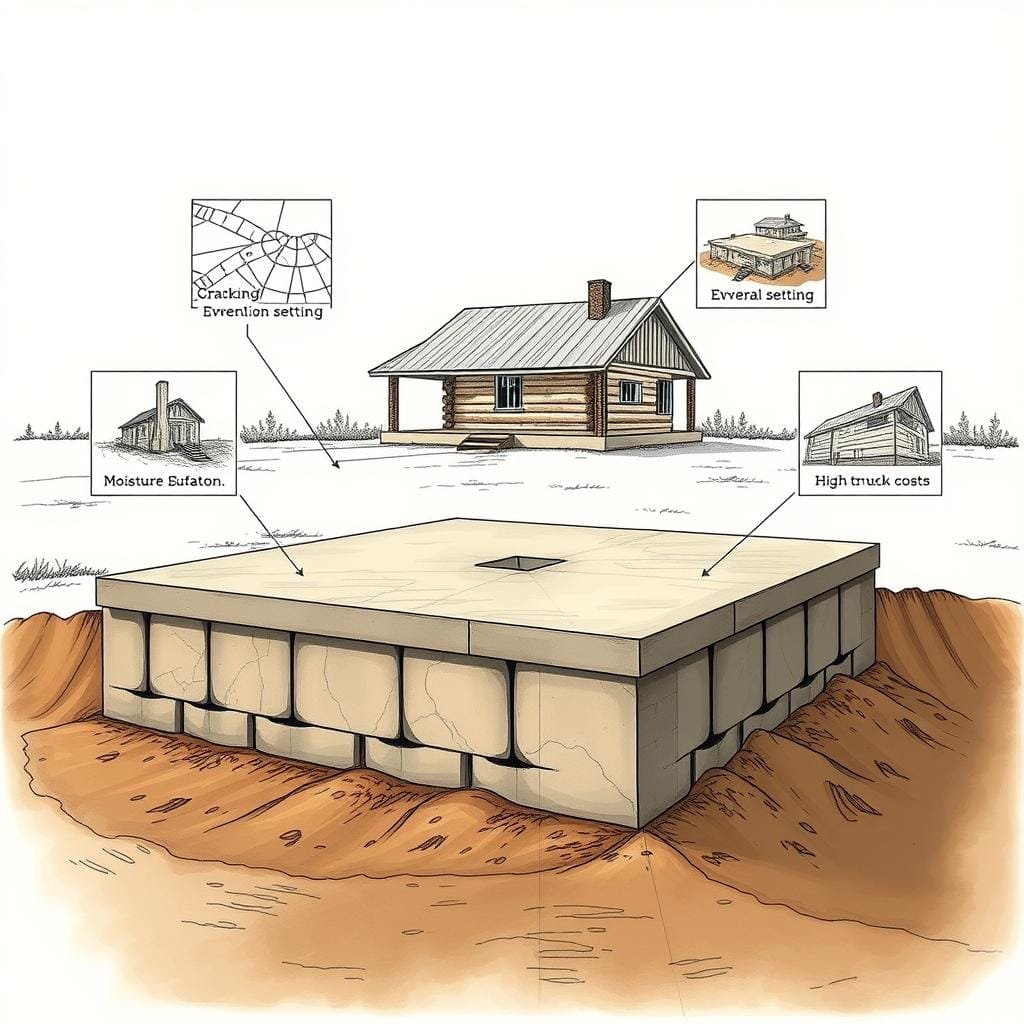 A detailed comparison of slab foundation pros and cons, displayed through an architectural illustration. In the foreground, a central slab foundation is shown, its structural elements highlighted with precision. Surrounding it, a series of smaller inset vignettes illustrate the potential drawbacks - cracking, uneven settling, moisture intrusion, and high construction costs. The middle ground features a clean, technical drawing style, with faint grid lines and measurement scales to convey a sense of objectivity. The background depicts a rustic cabin scene, hinting at the real-world application of this foundational choice. Warm, indirect lighting casts subtle shadows, creating depth and emphasizing the textural details. An overall tone of practical analysis, guiding the viewer through the complexities of slab foundation decision-making.
