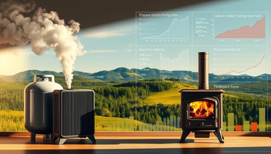 A detailed comparison of the environmental impact and sustainability of propane heating and wood stove heating. In the foreground, two equally sized home heating units stand side by side, one propane and one wood-burning stove. The propane unit emits billowing plumes of smoke, while the wood stove has a gentle, controlled flame. In the middle ground, lush green forests and rolling hills illustrate the renewable nature of wood fuel. In the background, graphs and charts display the relative carbon footprints, air pollutant emissions, and energy efficiency of the two heating methods. Warm, earthy tones create a sense of natural harmony, while a cool, industrial palette highlights the environmental consequences of fossil fuel use. Dramatic lighting from the side casts long shadows, emphasizing the contrast between the two heating solutions.