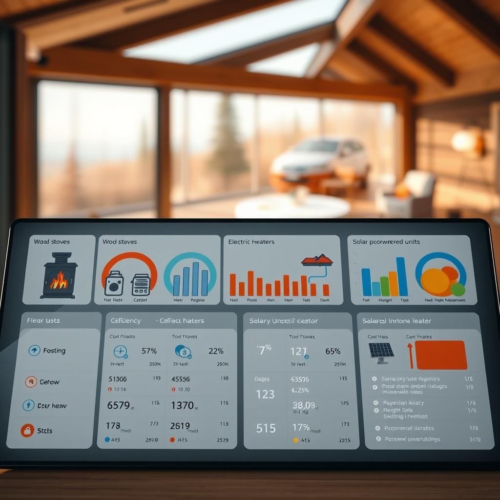 A detailed comparison of various heating systems, displayed on a sleek, minimalist dashboard. The foreground features a clean, well-organized layout with icons and graphs showcasing the efficiency, operating costs, and environmental impact of different options, such as wood stoves, electric heaters, and solar-powered units. The middle ground provides detailed technical specifications and performance metrics, while the background offers a serene, nature-inspired setting, perhaps with a cozy cabin or off-grid property in the distance, to reinforce the context. Soft, warm lighting enhances the informative yet visually appealing atmosphere, inviting the viewer to explore the insights on display. A detailed comparison of various heating systems, displayed on a sleek, minimalist dashboard. The foreground features a clean, well-organized layout with icons and graphs showcasing the efficiency, operating costs, and environmental impact of different options, such as wood stoves, electric heaters, and solar-powered units. The middle ground provides detailed technical specifications and performance metrics, while the background offers a serene, nature-inspired setting, perhaps with a cozy cabin or off-grid property in the distance, to reinforce the context. Soft, warm lighting enhances the informative yet visually appealing atmosphere, inviting the viewer to explore the insights on display.
