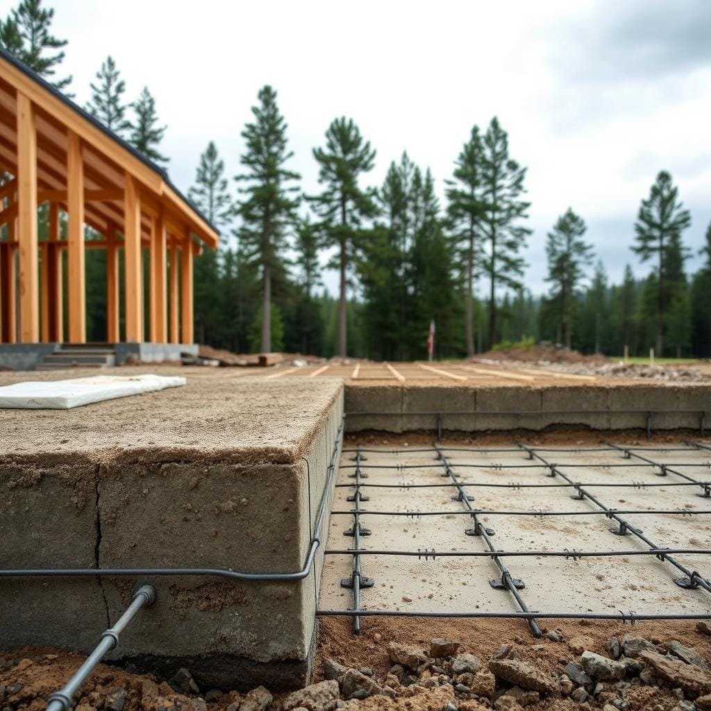 A detailed cross-section of a cabin foundation under construction, showcasing the intricate process of laying the footings. The foreground features the freshly poured concrete footings, their depth and width clearly visible, surrounded by a grid of sturdy rebar reinforcement. The middle ground shows the wooden framing of the cabin's perimeter, with the walls partially erected, providing a sense of the overall structure. In the background, the natural landscape is visible, with towering pine trees and a serene, overcast sky, creating a tranquil atmosphere. The lighting is soft and diffused, highlighting the textures and materials of the construction process. The angle is slightly elevated, providing an insightful view into the critical foundation-laying stage of cabin construction.