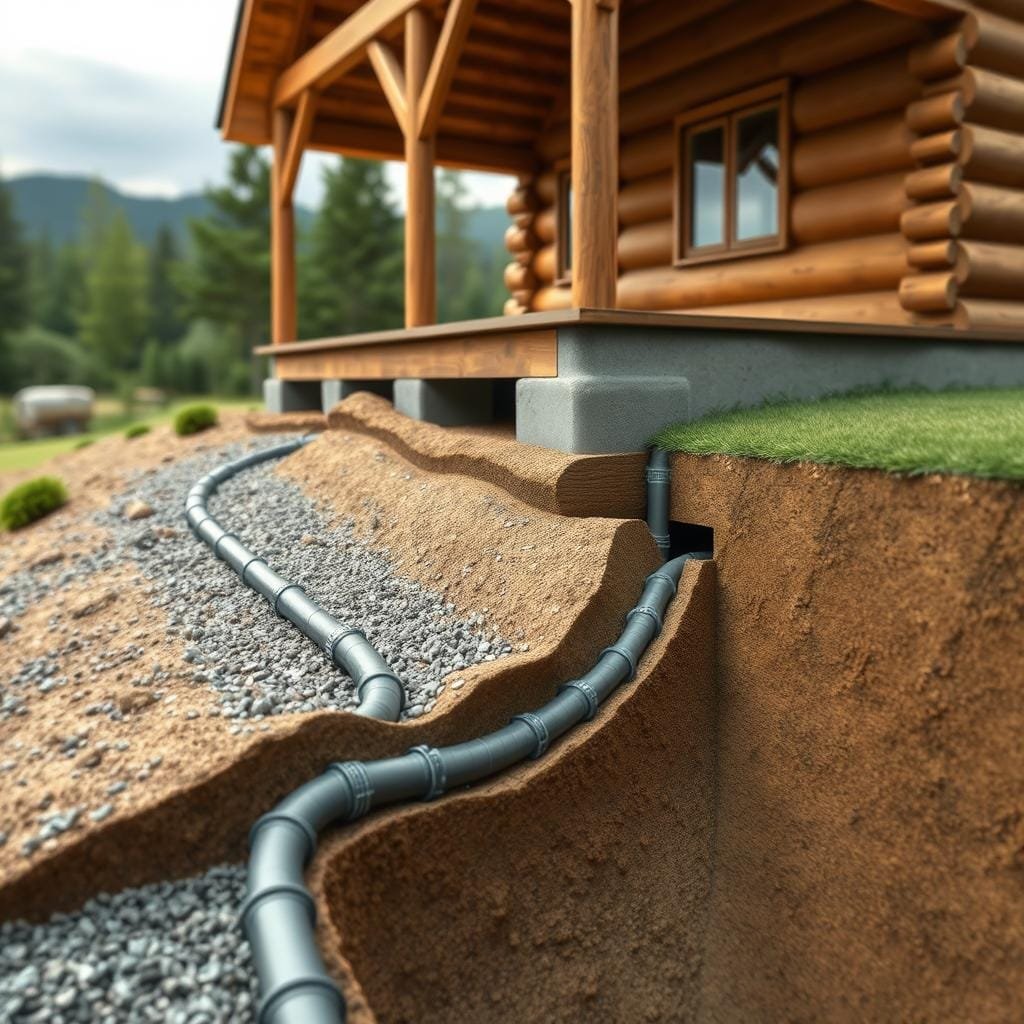 A detailed cross-section of a cabin's foundation drainage system, showcased in a realistic, technical illustration. The foreground prominently displays the intricate network of drainage pipes, gravel, and slope leading away from the cabin's perimeter. The middle ground reveals the cabin's concrete footing, anchored securely in the soil. The background features the surrounding natural landscape, with lush vegetation and a slightly overcast sky, conveying a sense of environmental harmony. The lighting is soft and directional, emphasizing the textures and contours of the materials. The overall composition is meticulously crafted to highlight the technical aspects of the drainage system while maintaining a visually striking and informative aesthetic.