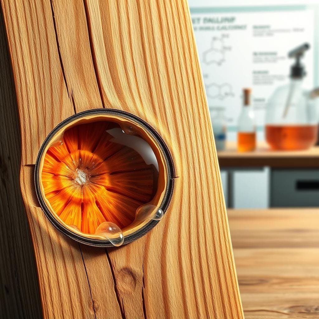 A detailed cross-section of a wooden plank, showcasing the intricate science behind wood protective coatings. In the foreground, a microscopic view reveals the cellular structure of the wood, with vibrant colors highlighting the lignin and cellulose fibers. In the middle ground, an application of a clear, glossy wood sealant is depicted, its molecular bonds forming a barrier against moisture and decay. The background features a laboratory setting, with scientific equipment and diagrams illustrating the chemical composition and properties of the protective coating. Soft, directional lighting casts shadows that accentuate the textural details, creating a sense of depth and technical precision. The overall tone is one of scientific investigation and the innovative solutions used to preserve the integrity of wooden surfaces.