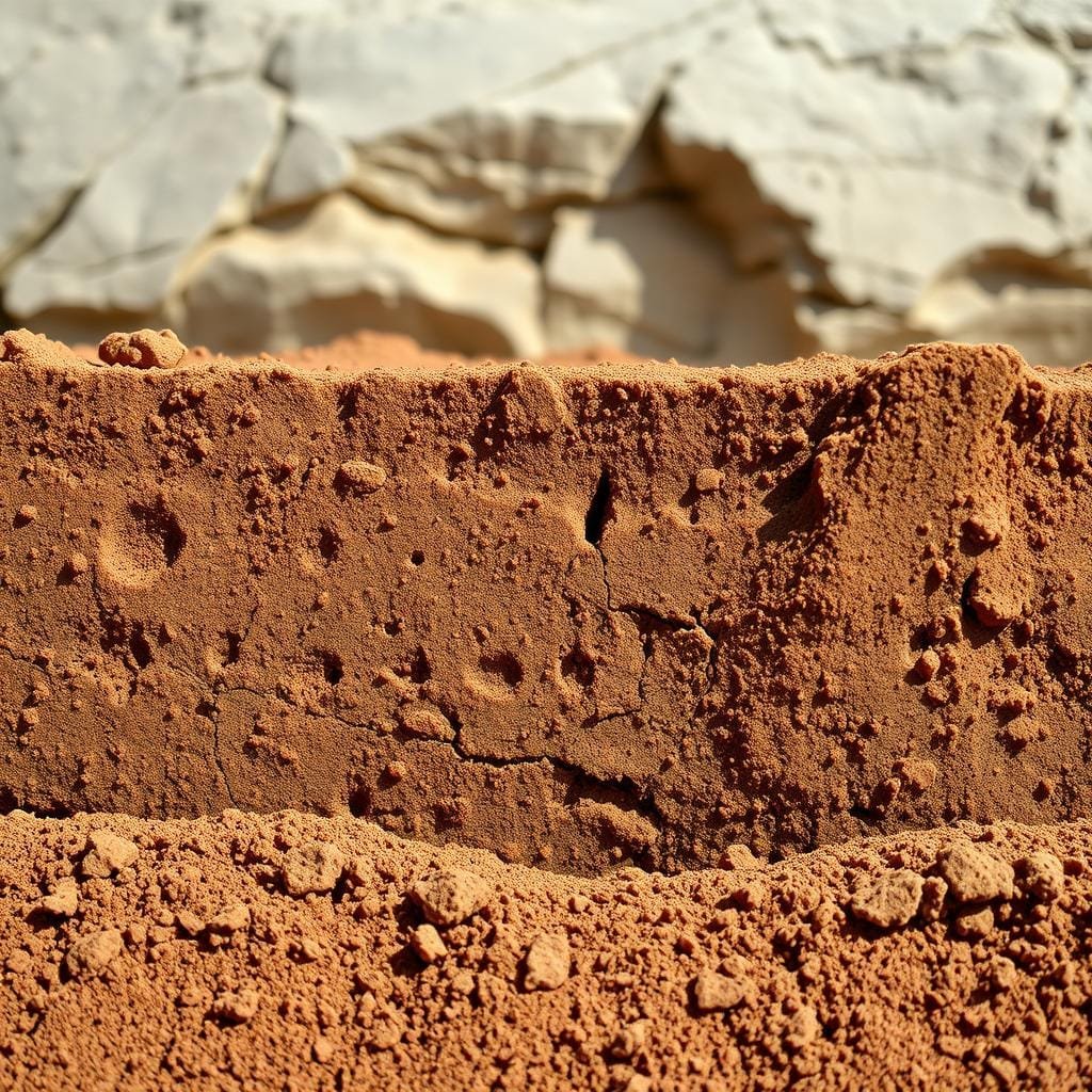 A detailed cross-section of clay soil, revealing its characteristic layered structure. The foreground showcases the distinct clay particles, their fine-grained texture and reddish-brown hue. In the middle ground, the intricate network of soil pores and cracks is visible, highlighting the soil's compaction and poor drainage. The background depicts the underlying bedrock, with a smooth, uneven surface that contributes to the soil's tendency to shift and settle. The scene is illuminated by a soft, natural light, casting subtle shadows that accentuate the soil's complex composition. The overall atmosphere conveys the challenges and considerations associated with building foundations on clay-rich terrain.