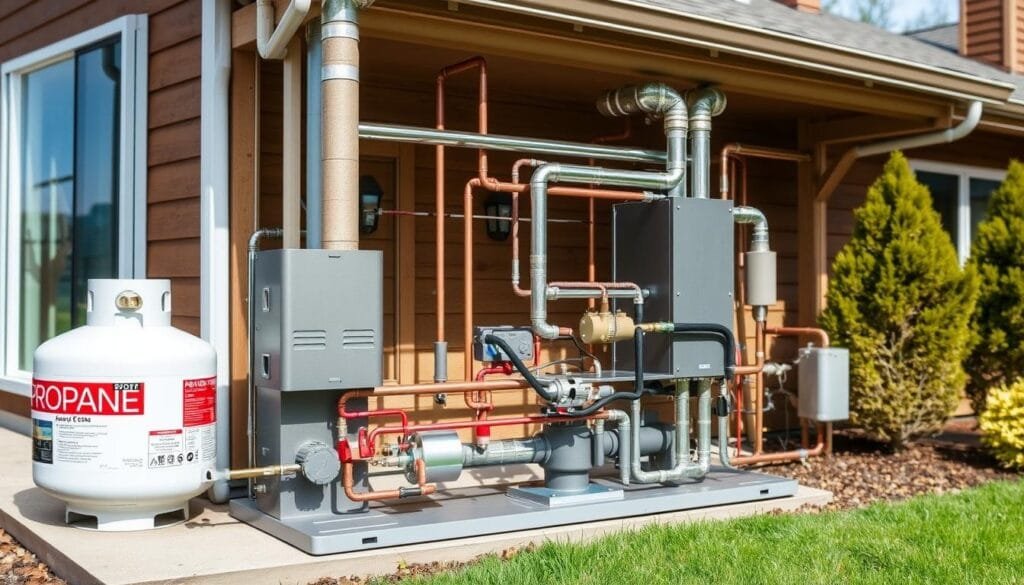 A detailed cutaway view of a residential propane heating system, showcasing its key components and installation process. The foreground displays the propane tank, pressure regulator, and main furnace unit, while the middle ground reveals the intricate network of supply lines, vents, and heat exchangers. The background features the home's exterior with proper ventilation and clearances. The scene is illuminated by natural daylight, highlighting the technical details and precise engineering of this efficient heating solution.