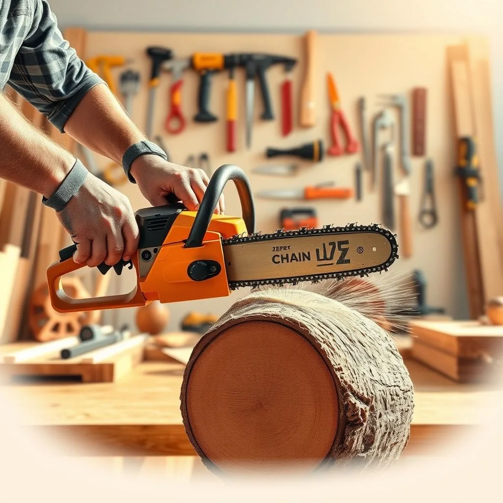 A detailed demonstration of basic chainsaw cutting techniques, captured in a well-lit indoor setting. In the foreground, a woodworker's hands expertly controlling a powerful chainsaw, the blade slicing cleanly through a sturdy log. The middle ground features an array of woodworking tools and safety gear, emphasizing the importance of proper technique and safety. In the background, a neutral backdrop provides focus on the subject, while warm, natural lighting casts subtle shadows, accentuating the textures of the wood and machinery. The overall scene conveys a sense of skill, precision, and the fundamentals of safe, efficient chainsaw operation.