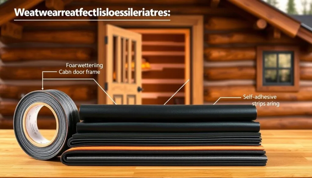 A detailed diagram depicting various types of weatherstripping for cabin doors and windows. The foreground showcases a range of weatherstripping materials, including foam tape, rubber seals, and self-adhesive strips, all arranged in a clean, technical layout. The middle ground features a cross-section of a cabin door frame, highlighting the proper installation of the weatherstripping. The background provides a softly blurred view of a rustic log cabin, setting the scene for the practical application of these insulation solutions. Warm, directional lighting illuminates the materials, creating a sense of depth and emphasizing their textural details. The overall composition conveys a sense of informative utility, guiding the viewer through the essential choices for effective door and window insulation.