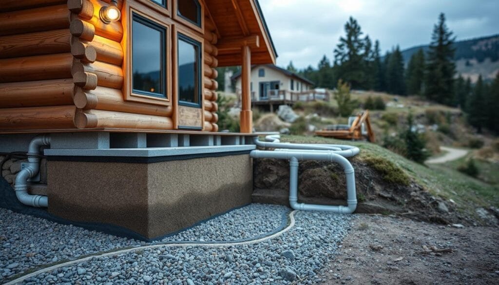A detailed exterior view of a cabin's foundation showcasing a comprehensive drainage system. In the foreground, a cross-sectional diagram highlights the layers of waterproofing, including a sturdy foundation, a drainage membrane, and a gravel bed. The middle ground depicts the expertly installed drainage pipes, strategically positioned to channel water away from the structure. In the background, the natural landscape sets the scene, with lush vegetation and a picturesque setting that complements the functional yet visually appealing design. Illuminated by soft, diffused lighting, the image conveys a sense of durability, efficiency, and harmonious integration with the environment.