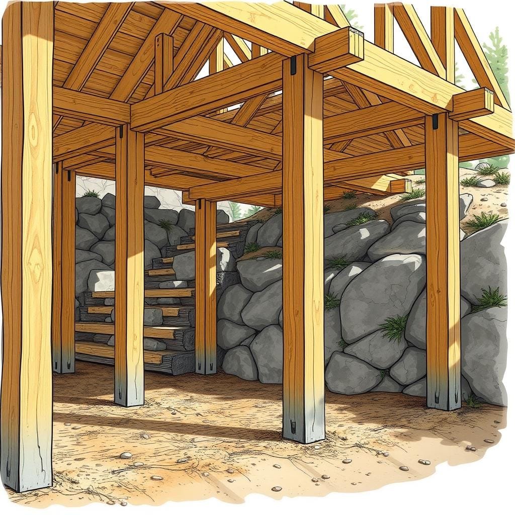 A detailed, high-quality architectural illustration of a post and beam foundation for a sloped lot construction. The foreground features the vertical wooden posts firmly embedded in the ground, supporting the horizontal beams that form the structural framework. The middle ground showcases the intricate joinery and connections between the posts and beams, highlighting the engineering and craftsmanship. The background depicts the sloped terrain, with natural elements like rocks and vegetation seamlessly integrated. The lighting is soft and natural, creating depth and shadows to accentuate the three-dimensional structure. The overall mood is one of strength, stability, and integration with the surrounding environment.