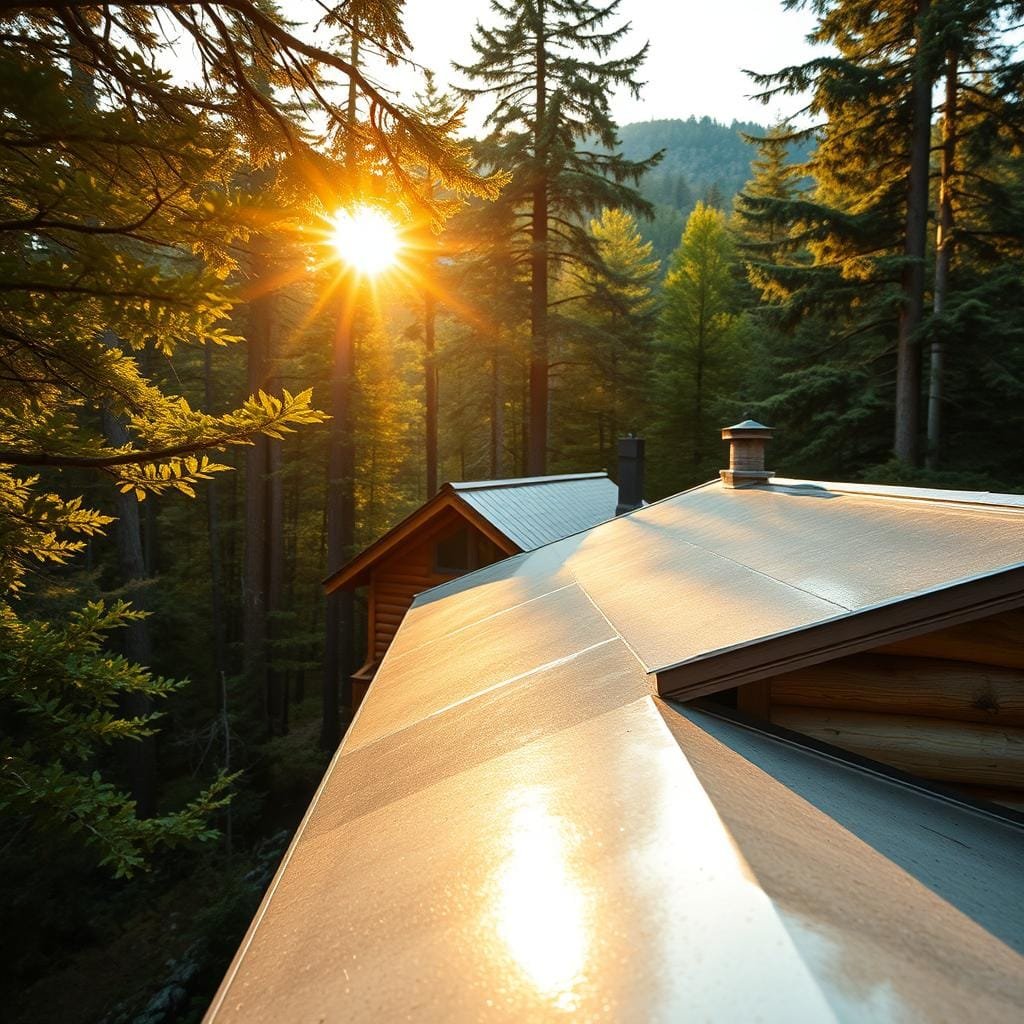 A detailed, high-quality image of an eco-friendly roof coating in a natural, outdoor setting. The coating is a light, reflective material that covers the roof of a rustic cabin nestled in a lush, forested environment. Warm, diffused sunlight filters through the trees, casting a soft, ambient glow on the cabin and its surroundings. The roof coating reflects this light, creating a luminous, energy-efficient surface. The foreground features close-up details of the coating's texture and application, while the middle ground showcases the cabin's integration with the natural landscape. The background depicts a tranquil, verdant forest, conveying a sense of environmental harmony and sustainability.