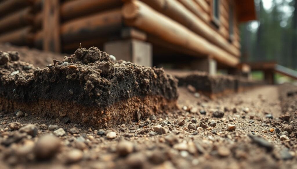 A detailed, high-resolution close-up photograph of a section of cabin foundation soil, showcasing the impact of different soil types. The foreground features a cross-section of the soil, revealing the varying layers of loam, clay, and sand. The middle ground displays the texture and structure of the soil, highlighting the granular nature and color variations. The background captures the overall context, with a partially visible cabin foundation in the distance, providing a sense of scale and the surrounding environment. The lighting is soft and diffused, creating a sense of depth and emphasizing the intricate details of the soil composition. The image is captured at a slight angle, allowing for a three-dimensional perspective and a clear view of the soil's impact on the cabin's foundation.