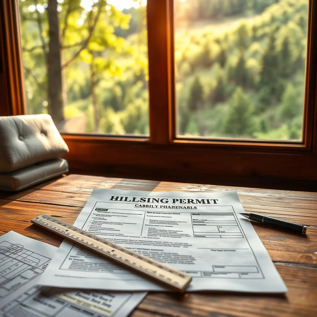 A detailed hillside building permit document resting on a wooden desk, illuminated by warm natural light streaming through a large window. The permit is surrounded by architectural plans, a ruler, and a pen, suggesting a professional planning process. The background showcases a lush, forested hillside through the window, creating a sense of the site's context. The lighting is soft and diffused, creating an atmosphere of thoughtful consideration. The overall scene conveys the importance of understanding and complying with local regulations when constructing a cabin on a sloped site.