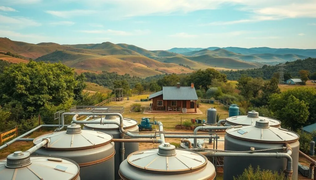 A detailed, large-scale wastewater recycling system set in a serene, natural environment. The foreground features a series of interconnected tanks, filters, and pipes, meticulously designed to purify and recycle water. The middle ground showcases lush, verdant vegetation and a rustic, off-grid homestead, blending seamlessly with the system's sustainable infrastructure. In the background, rolling hills and a clear, blue sky create a calming, idyllic atmosphere. Warm, diffused lighting illuminates the scene, highlighting the system's efficient, state-of-the-art components. The overall composition conveys a harmonious integration of technology and nature, embodying the spirit of self-sufficient, eco-friendly living.