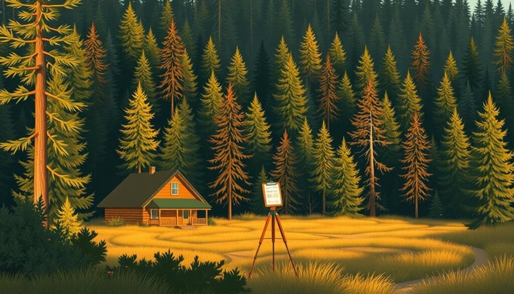 A detailed property assessment illustration for cabin construction planning, showcasing a lush, heavily wooded area with a serene cabin nestled in the foreground. The scene is captured in a warm, golden-hour lighting, casting long shadows and highlighting the natural textures of the surrounding trees and terrain. In the middle ground, a surveyor's tripod and clipboard suggest the planning and preparation underway. The background features a variety of evergreen and deciduous trees, creating a sense of depth and natural harmony. The composition emphasizes the careful consideration required when building a cabin while preserving the existing environment.
