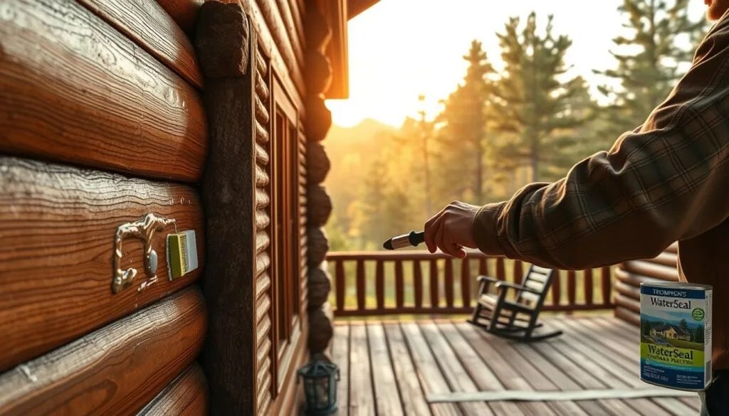 A detailed, realistic scene of a log cabin exterior with Thompson's WaterSeal natural wood protector being applied. In the foreground, a person in workman's clothing carefully brushes on the clear, glossy sealant along the weathered wood panels. The middle ground shows the cabin's rustic aesthetic, with a stone chimney, wooden shutters, and a porch with rocking chairs. The background features a lush forest landscape with towering pine trees under a warm, golden afternoon sky. Crisp, high-resolution textures capture the grain of the wood and the sheen of the applied sealant. Soft, directional lighting highlights the application process and casts natural shadows across the scene. A detailed, realistic scene of a log cabin exterior with Thompson's WaterSeal natural wood protector being applied. In the foreground, a person in workman's clothing carefully brushes on the clear, glossy sealant along the weathered wood panels. The middle ground shows the cabin's rustic aesthetic, with a stone chimney, wooden shutters, and a porch with rocking chairs. The background features a lush forest landscape with towering pine trees under a warm, golden afternoon sky. Crisp, high-resolution textures capture the grain of the wood and the sheen of the applied sealant. Soft, directional lighting highlights the application process and casts natural shadows across the scene.