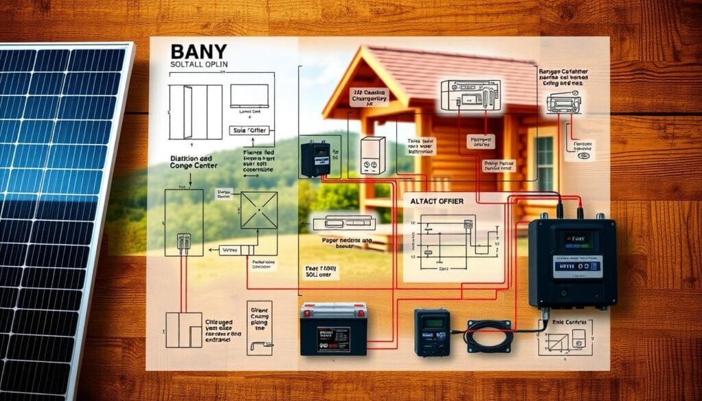 A detailed schematic diagram of a DIY solar system installation plan, showcasing the various components and their layout on a rustic wooden background. The foreground features a solar panel, battery bank, and charge controller, meticulously arranged in a practical and visually appealing configuration. The middle ground includes wiring schematics, dimension measurements, and installation guidelines, presented in a clean, technical style. The background depicts a tranquil, off-grid cabin setting, with lush greenery and a serene sky, conveying a sense of self-reliance and sustainable living. The overall scene is illuminated by warm, natural lighting, creating a cohesive and inspiring visual for the solar system installation planning process.