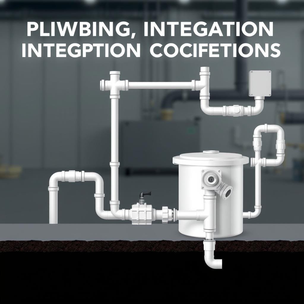 A detailed schematic diagram of plumbing integration connections, showcasing the intricate network of pipes, fittings, and valves essential for a septic system setup. The foreground features a clean, technical rendering of the central components, including the septic tank, inlet and outlet pipes, and distribution box. The middle ground depicts the precise angles and junctions where the pipes connect, with a focus on the seamless integration of the various parts. The background subtly fades into a neutral, industrial-inspired environment, providing context without distracting from the primary subject matter. The lighting is crisp and evenly distributed, highlighting the precision and functionality of the plumbing components. The overall tone is informative and technical, conveying the importance of these connections in the successful installation of a septic system.