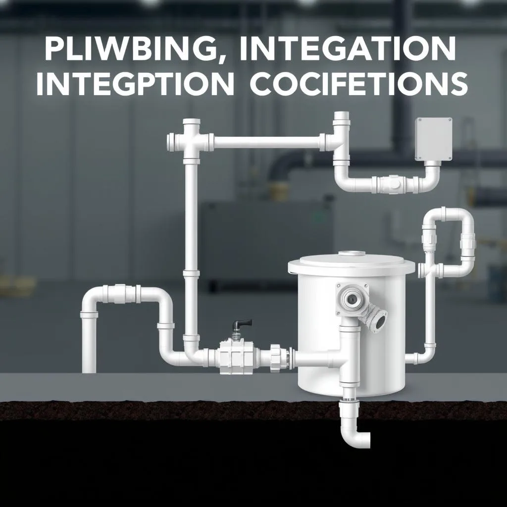 A detailed schematic diagram of plumbing integration connections, showcasing the intricate network of pipes, fittings, and valves essential for a septic system setup. The foreground features a clean, technical rendering of the central components, including the septic tank, inlet and outlet pipes, and distribution box. The middle ground depicts the precise angles and junctions where the pipes connect, with a focus on the seamless integration of the various parts. The background subtly fades into a neutral, industrial-inspired environment, providing context without distracting from the primary subject matter. The lighting is crisp and evenly distributed, highlighting the precision and functionality of the plumbing components. The overall tone is informative and technical, conveying the importance of these connections in the successful installation of a septic system.