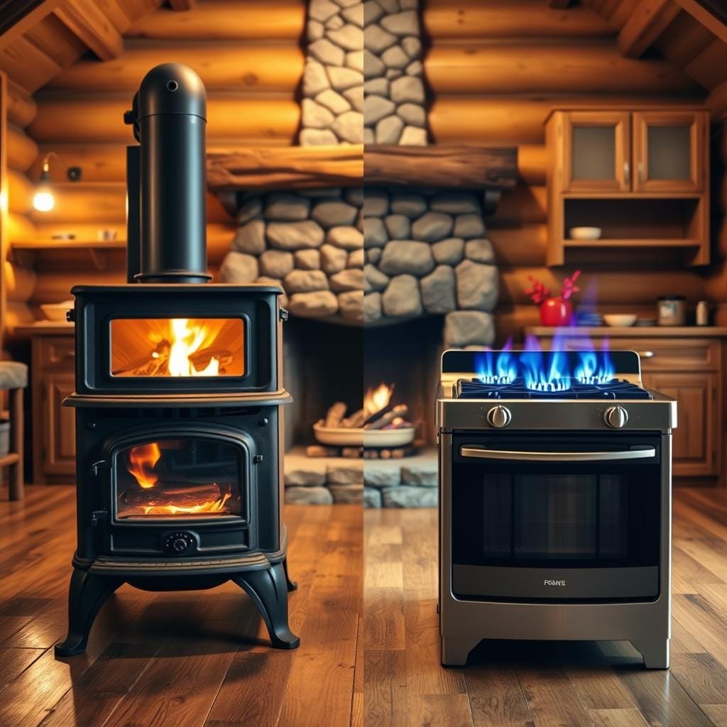A detailed side-by-side comparison of a rustic, cast-iron wood stove and a modern, sleek propane stove set against a backdrop of a cozy, log cabin interior. The wood stove has a flickering flame visible through its glass door, while the propane stove has crisp, blue flames. Warm, golden lighting illuminates the scene, creating a inviting atmosphere. The stoves are positioned on a sturdy wooden floor, with a stone hearth behind them. Shelves and cabinets line the walls, hinting at the off-grid lifestyle. The image should convey the contrasting aesthetics and functionality of these two cooking appliances suitable for an off-grid cabin.